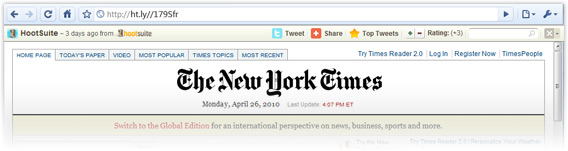The New York Times on HootSuite (Hootly) Example of link shortened with Ht.ly - note social bar