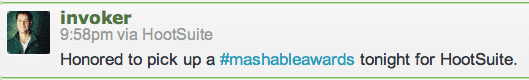 Honored to pick up a #mashableawards tonight for HootSuite.