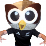 Owly poses in a New Zealand AllBlacks jersey