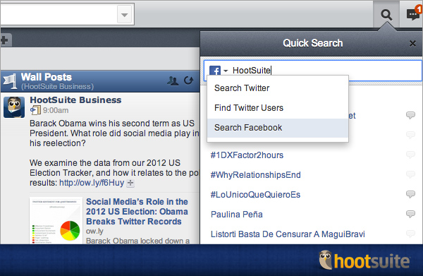 Facebook search in the HootSuite dashboard