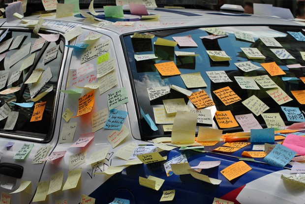 Social Media, old school style: A VPD covered in thank you notes, following the Stanley Cup riots of June, 2011