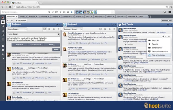 Create new updates and even share messages from Twitter and Facebook streams directly to your Socialcast communities.