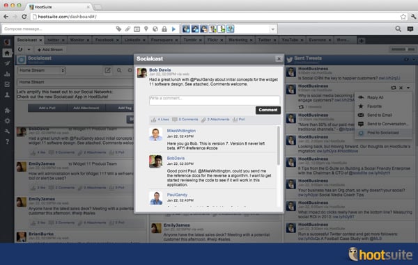View comments, likes, attachments and polls for Socialcast community updates.