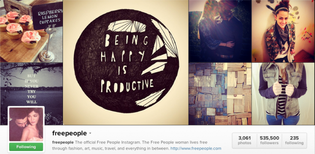 Online shopping site, Free People’s Instagram. What would your followers take pics of? Start there and then add creative photoshoots with your product. Treat Instagram like your brand’s lifestyle zine.