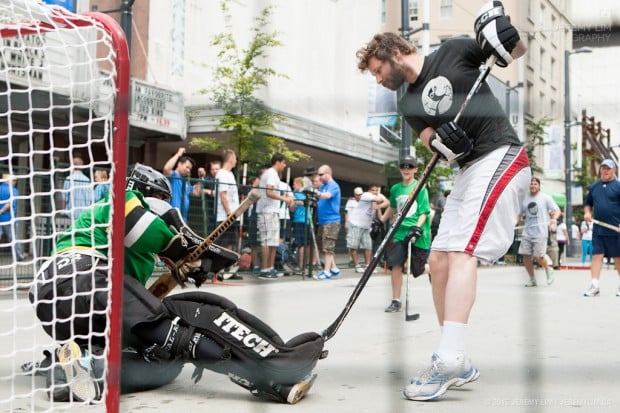 Dan Mangan sniping goals wearing a HootSuite shirt - are you ready for #sxhockey?