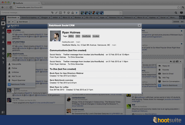 Viewing a Batchbook profile in the HootSuite dashboard