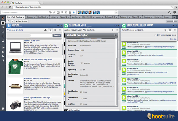 StoreYa and Appboy in the HootSuite dashboard