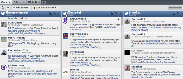 Notice that G Adventures follows mentions and tweets from their brand ambassadors as well as travel and contest #hashtags. Click to zoom in.