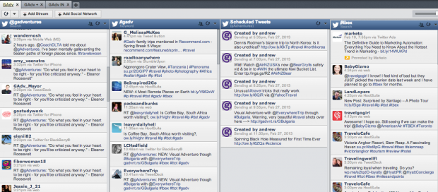 G Adventures monitors brand associated keywords and search streams in their dashboard. They’ve also saved a stream for their “Scheduled Tweets” this is useful to see how upcoming tweets relate to live social feeds. Click to zoom in.