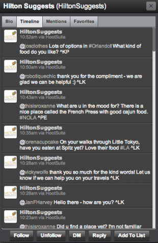 The @HiltonSuggests account offers travellers advice, often without mentioning their hotels. This provides value and helps build a social community.