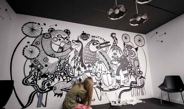 Ola Volo's Mural shows a group of animals having a tea party, though it's filled with other little surprises. Photo courtesy Ola Volo.