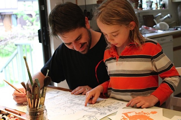 Most owls agree that Miró's ideas are some of the best parts of the huge wall piece. Here are father and son at work in the drawing phase.