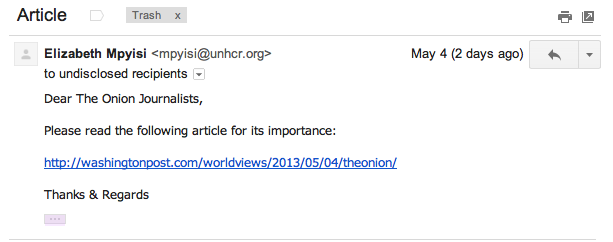 An example of the phishing email that allowed the Syrian Electronic Army to gain access to the Onion's Twitter account.
