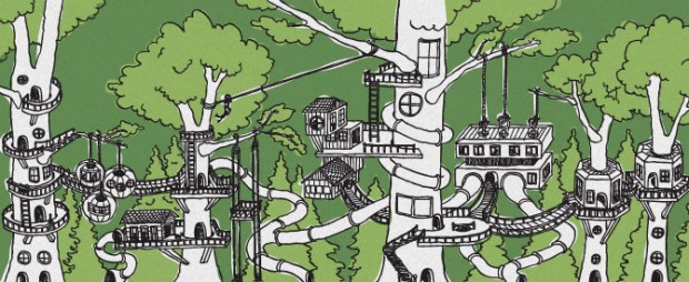 Our largest mural depicts the raddest treehouse any of us has ever seen. Art by Jason Esteban