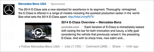 An example of a sponsored update from Mercedes-Benz USA. Image Courtesy of LinkedIn.