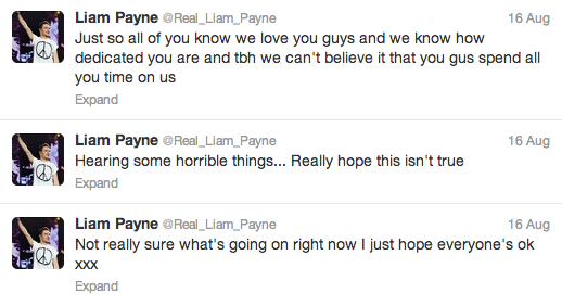 Tweets by One Direction member Liam Payne addressing the rumours.