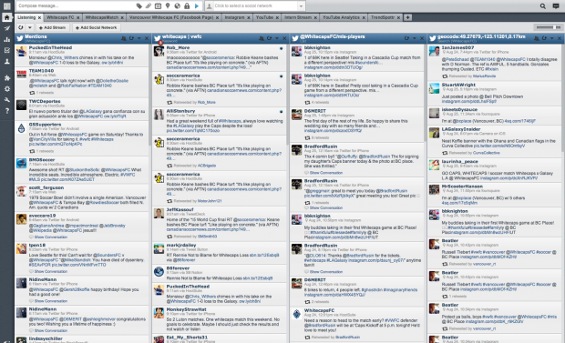 Whitecaps' SMM Shaina Walker's dashbaord. Note the separate tabs for match day, and for each network such as YouTube, Facebook and Instagram