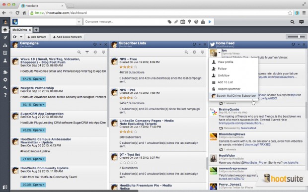 Easily view whether a Twitter or Facebook user is a Subscriber to your MailChimp Lists.