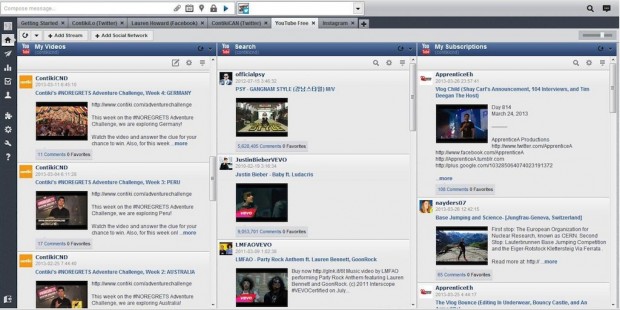 Contiki's YouTube contest and other brand videos can be monitored, shared and promoted all in the HootSuite dashboard. Click to zoom.