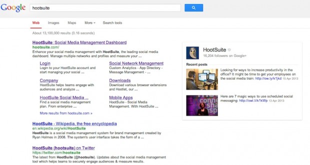Screenshot of Google Search results for “HootSuite.” Notice besides the regular search results, HootSuite’s G+ account is displayed in the top right along with an image, follower count and a verified check. Because I personally follow HootSuite in G+, their latest content is shown right in this page.