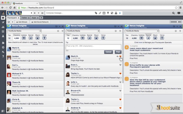 View recent checkins, customer tips, and specials for your Foursquare managed venues in the HootSuite dash.