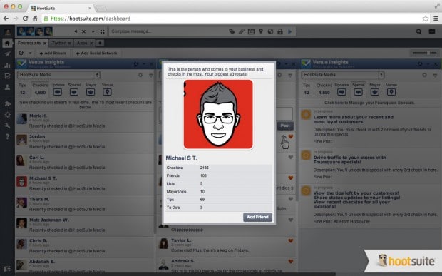 View key insights from your top business advocates for your Foursquare managed venues in the HootSuite dash.