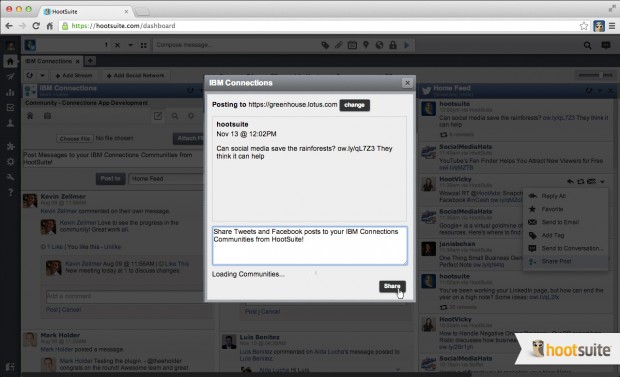 With the HootSuite IBM Connections integration you can simply click to share any content to your Connections communities.