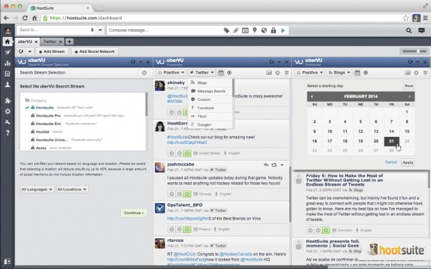 Traslada información en tiempo real sobre la que puedes llevar a cabo acciones hasta tu Panel de control de HootSuite, y gestiona la información de todas las redes sociales para asegurarte de que nunca te pierdes una mención de tu marca o competidor.