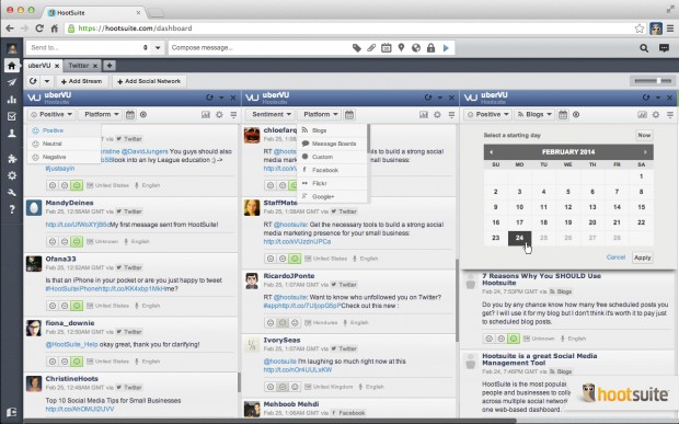 Filtra columnas de uberVU en HootSuite por opinión, ubicación, idioma, fuente, fecha y plataforma; todo desde una interfaz unificada.