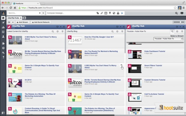 Easily comment or share content to social networks all within the HootSuite dash (click image to enlarge)