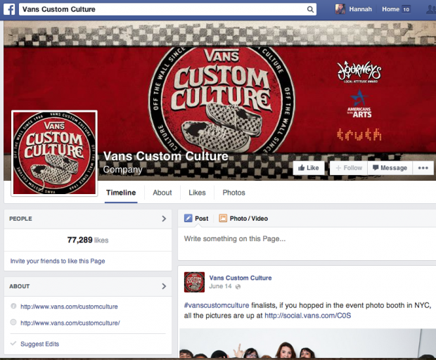 Screenshot from the Vans Custom Culture Facebook Page
