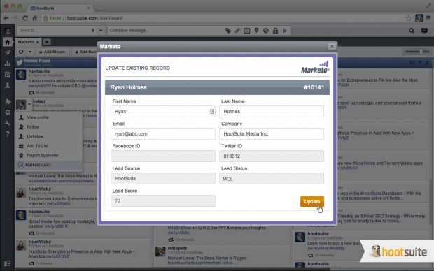 Marketo embedded in Hootsuite social media management tool