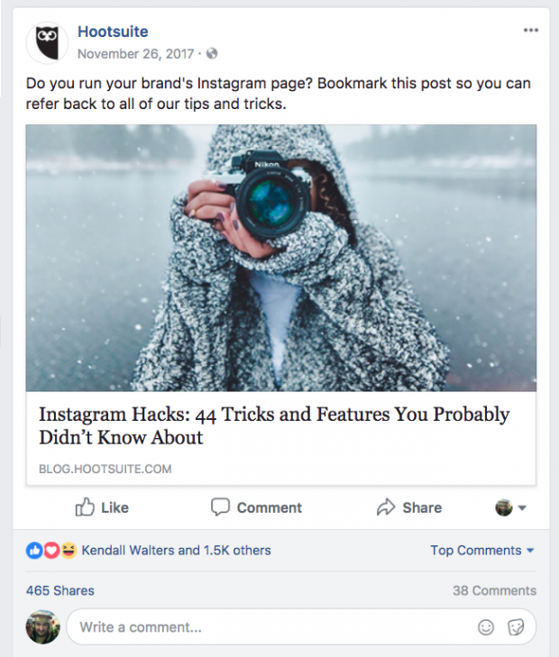 Screenshot of Facebook post featuring an article on Instagram Hacks