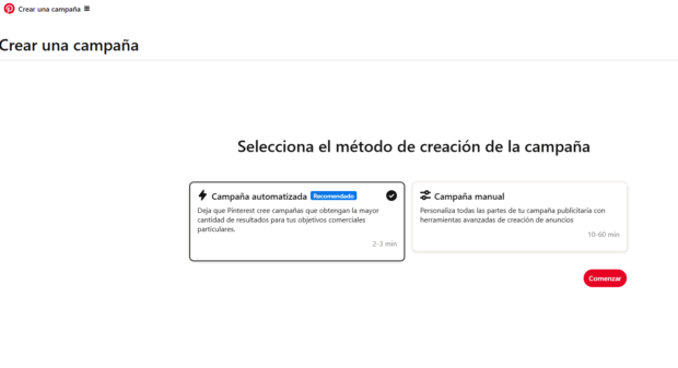Selección del método de creación de campaña: opciones automatizado o manual