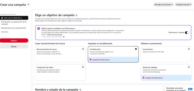 Resumen de la campaña e impacto estimado con el tamaño de audiencia potencial de tu grupo de anuncios