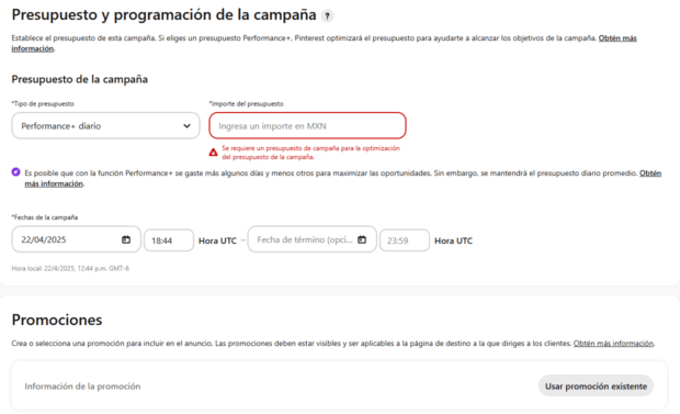 Selecciona el presupuesto y duración de la campaña