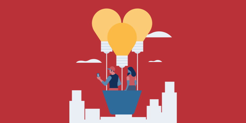 Illustration of two people in a hot hair balloon taking photos over a city