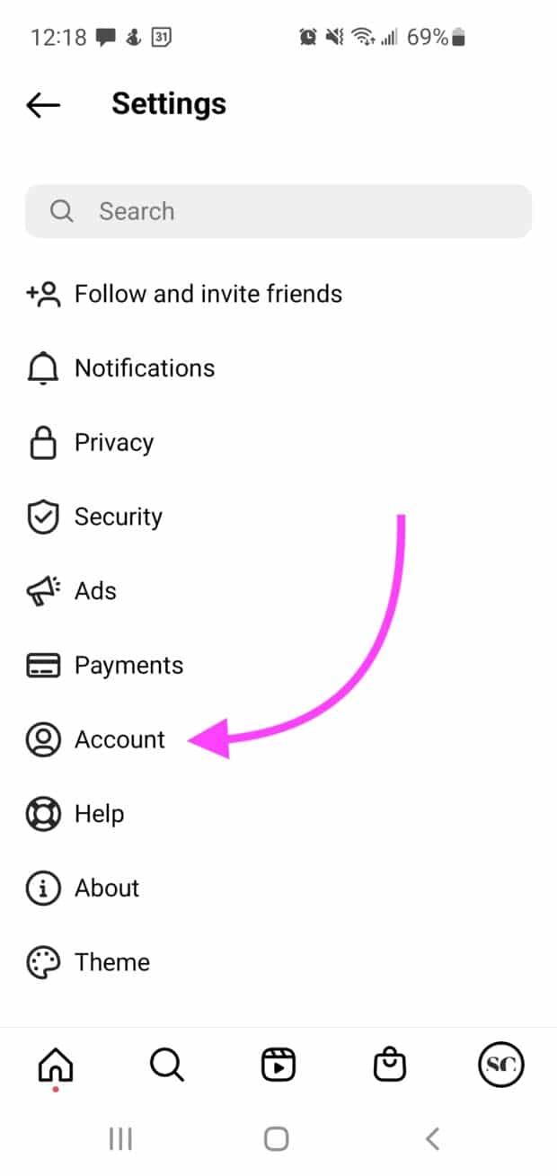 Account option under Settings in Instagram