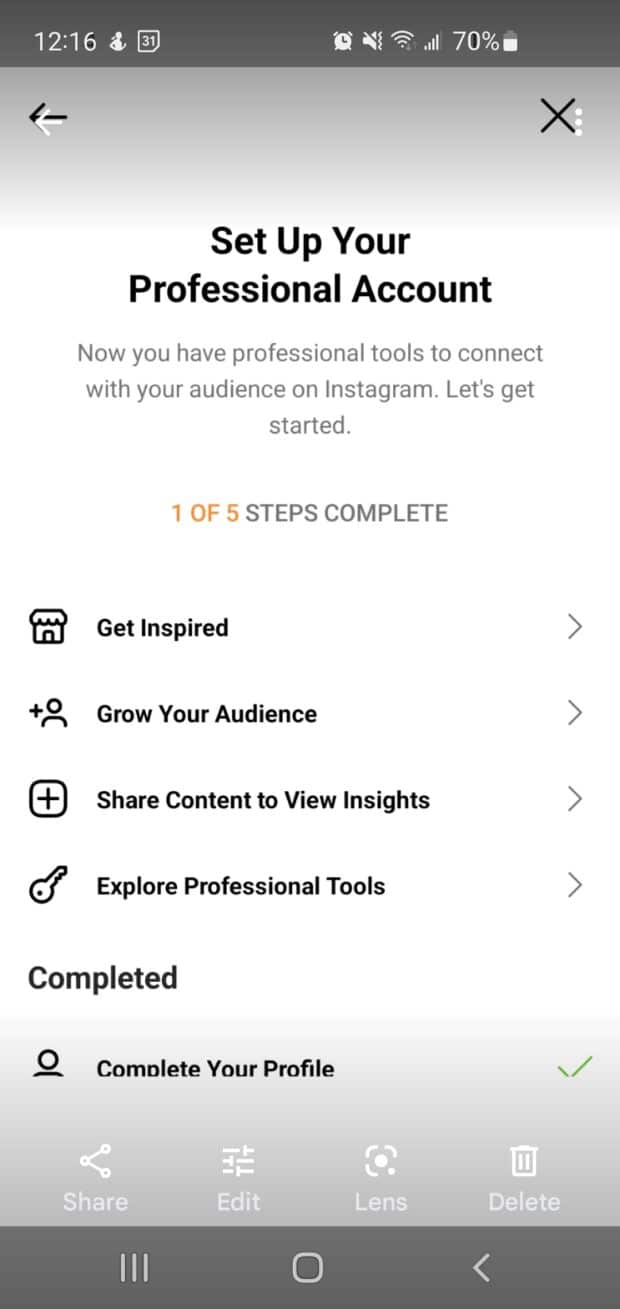 Instagram creator account setup process