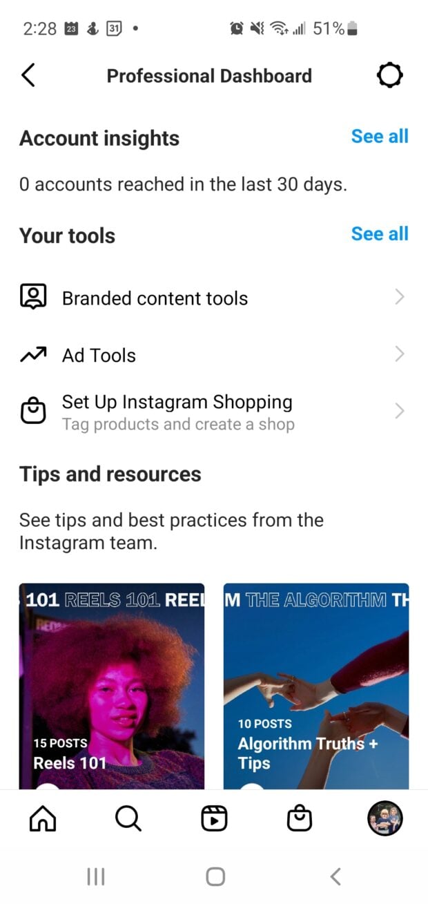 Instagram account professional dashboard