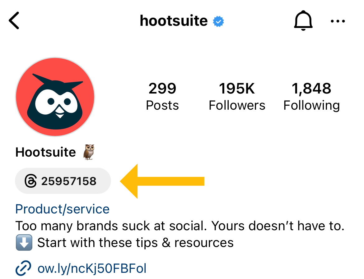 Threads-Link auf dem Instagram-Profil von Hootsuite