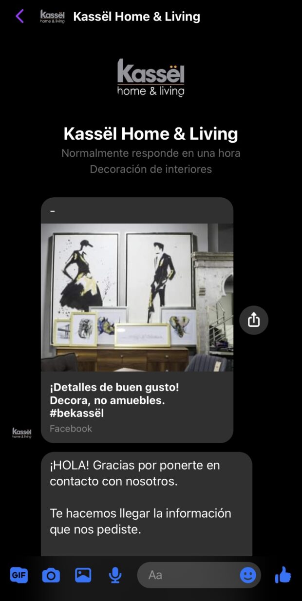 anuncio en Messenger app de Kassël Home & Living