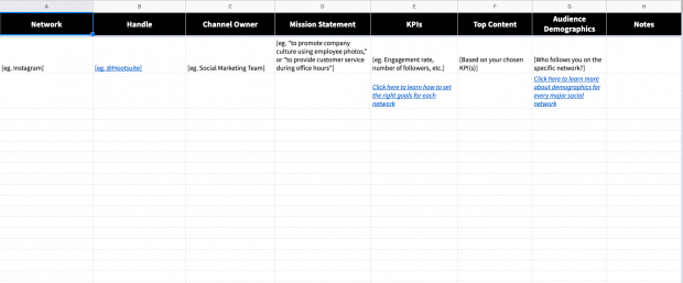 Screenshot of a social media audit spreadsheet for building an effective social media marketing strategy