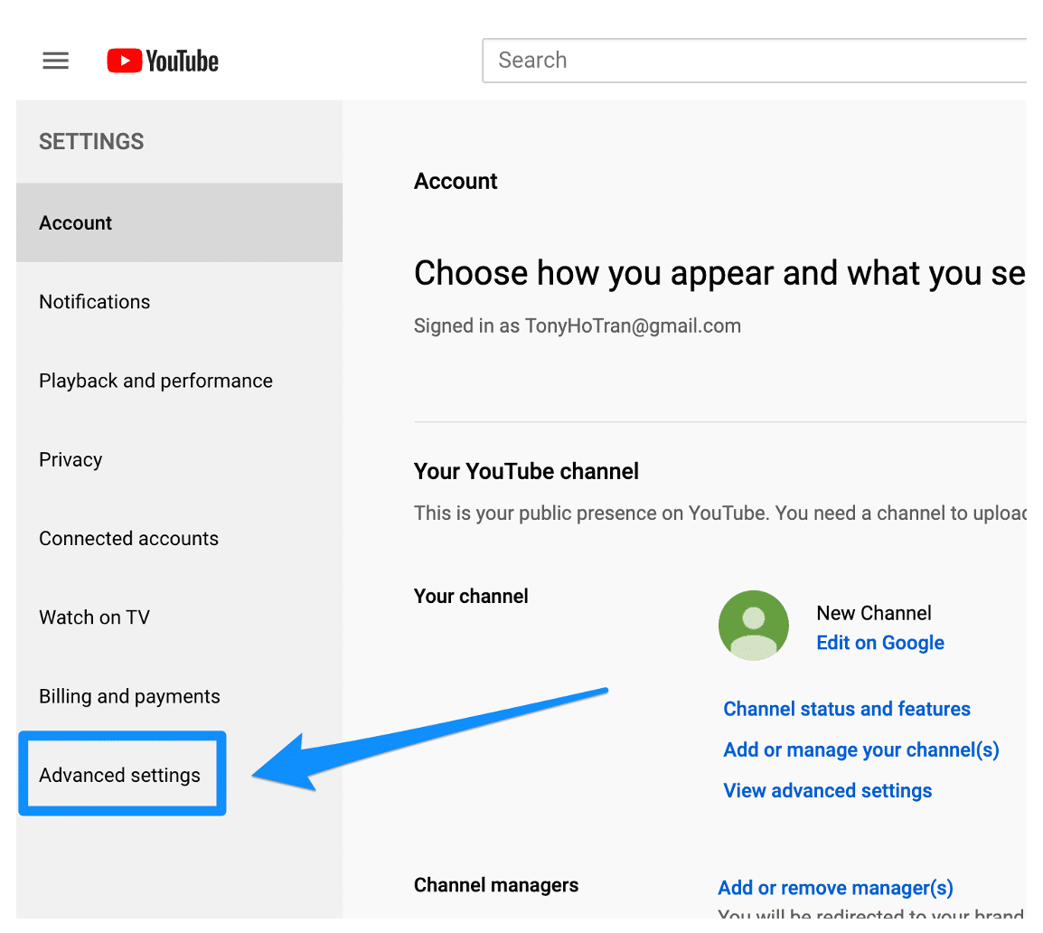 YouTube advanced settings 