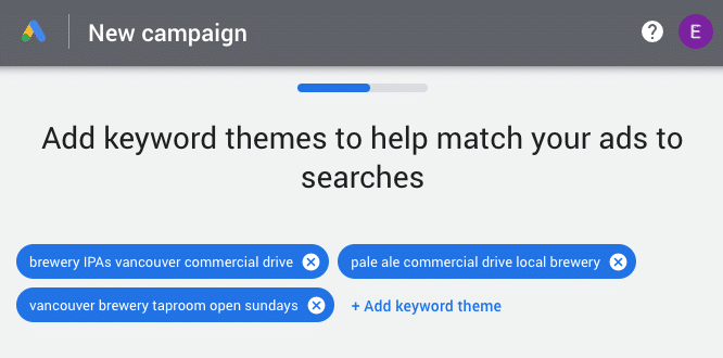 Google Ads campaign keyword themes