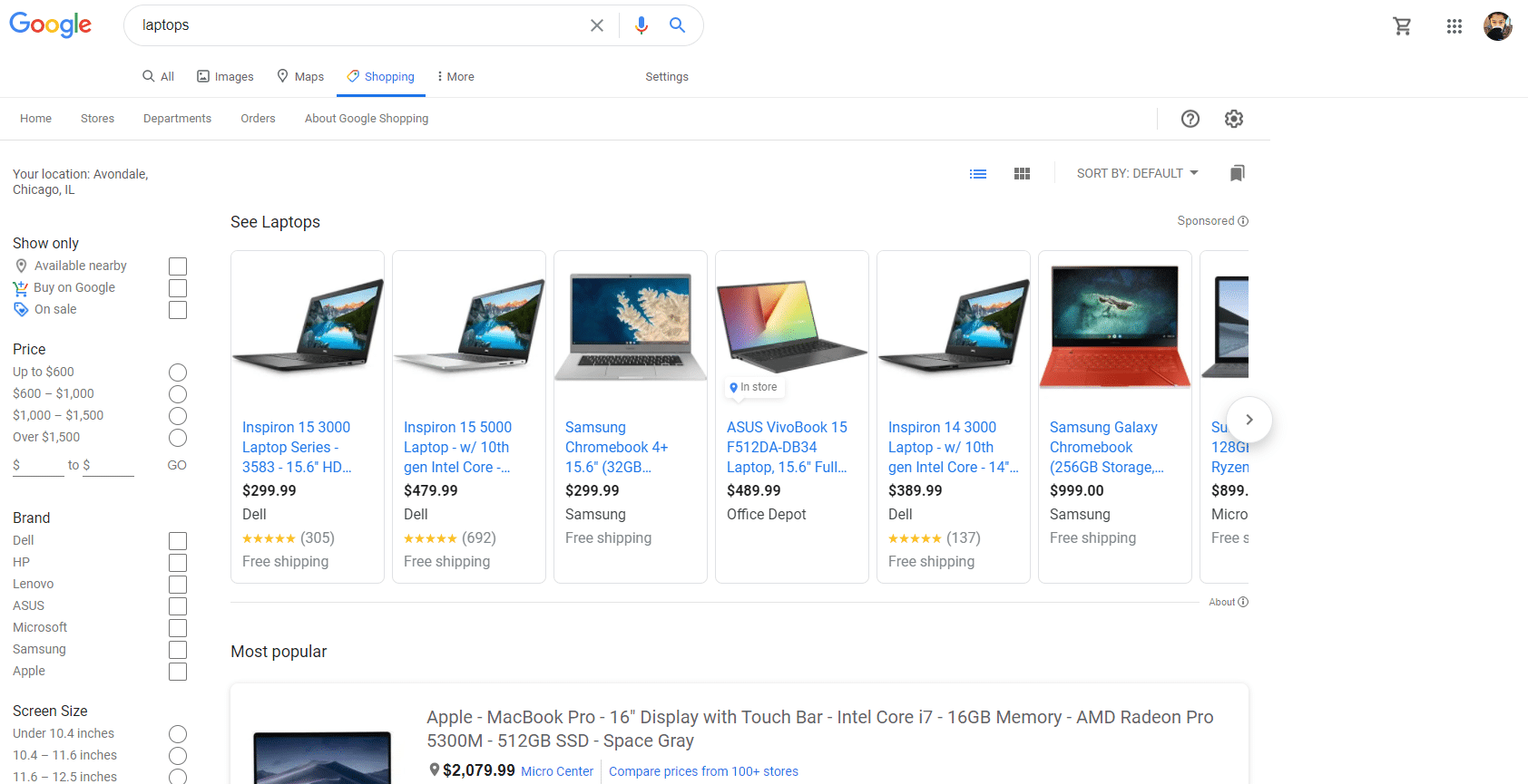 Google Shopping search results