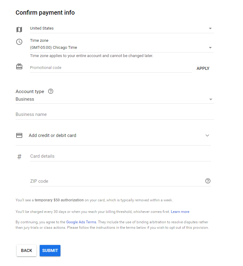 Google Ads enter billing information