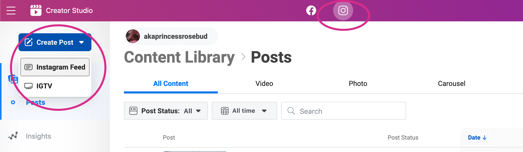 Using Creator Studio to schedule Instagram posts: Step 2