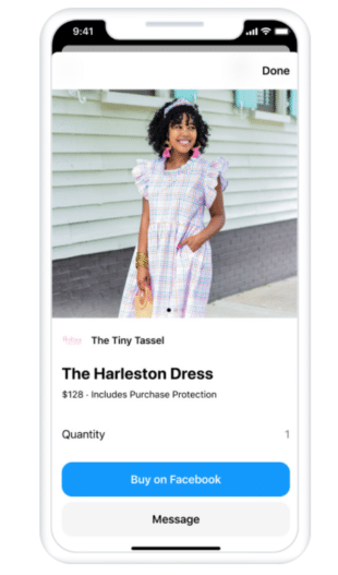 A screenshot of Facebook Shops in-app checkout. A woman is wearing a dress that is available for purchase.