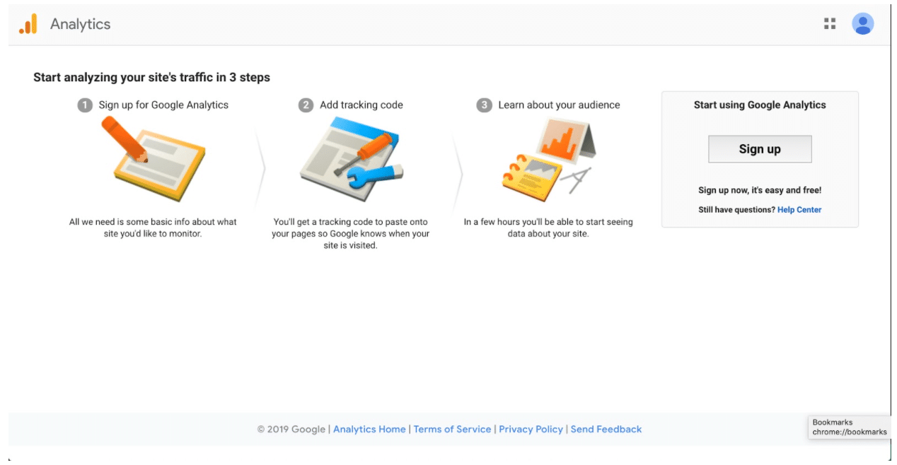 Sign up for Google Analytics page